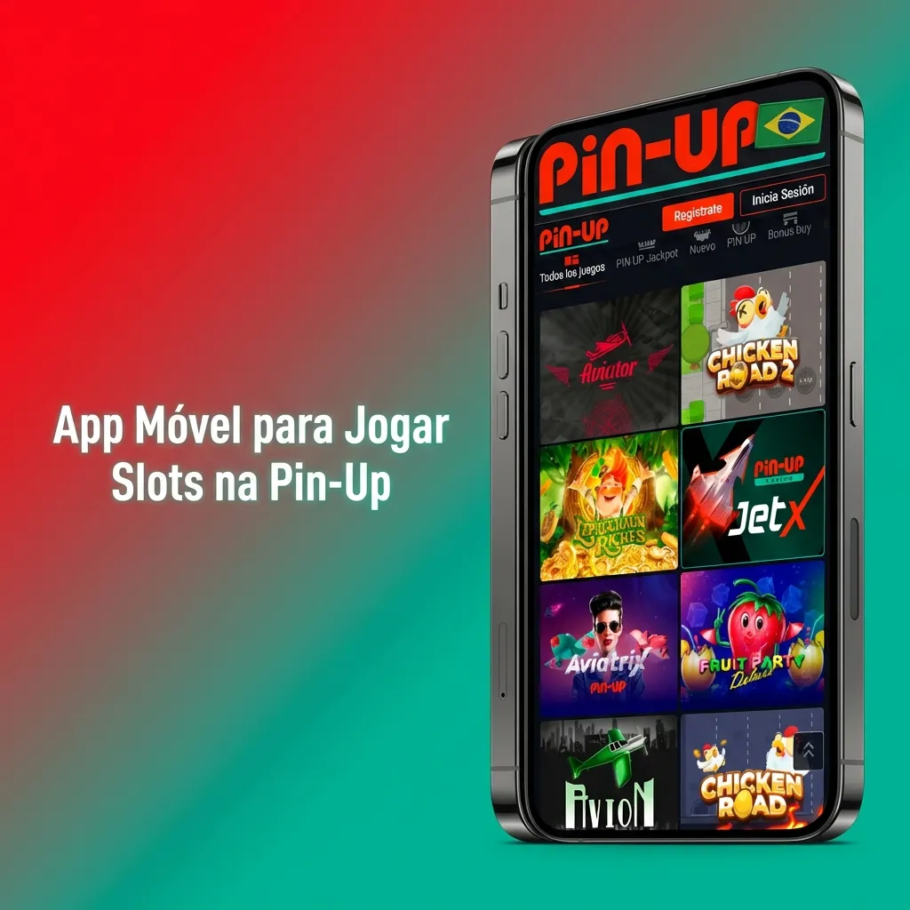 Smartphone com o aplicativo Pin-Up aberto mostrando a interface de slots.