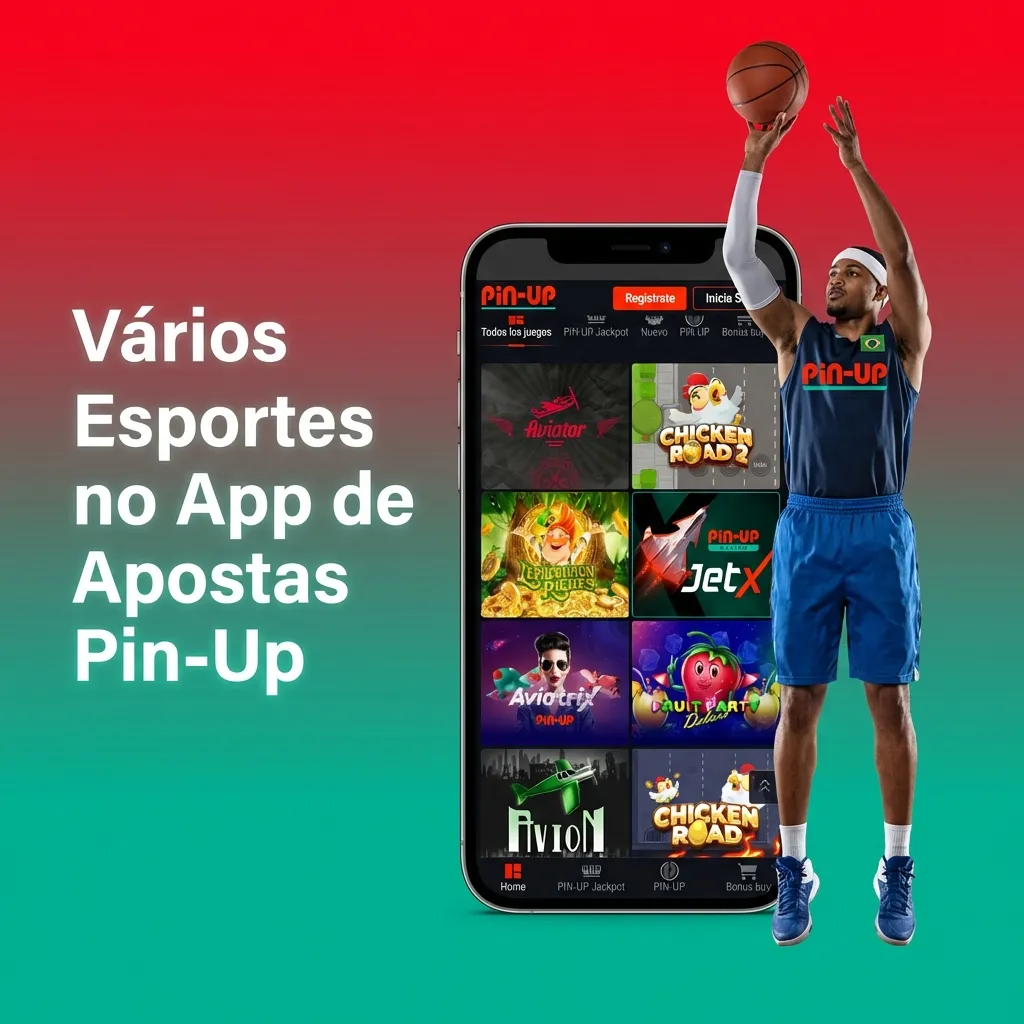 Interface do app Pin-Up exibindo opções de apostas em futebol, basquete, tênis e eSports.